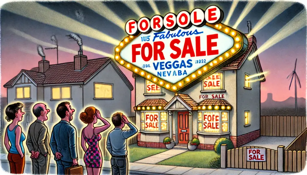 house with a giant For Sale sign that has flashing lights