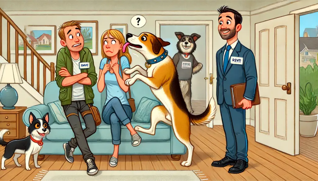 overly friendly dog is jumping on potential buyers and licking their faces during a home showing