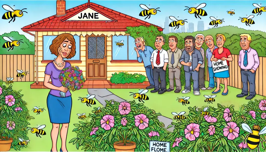 exotic flowers in a garden have attracted a swarm of bees during a home showing
