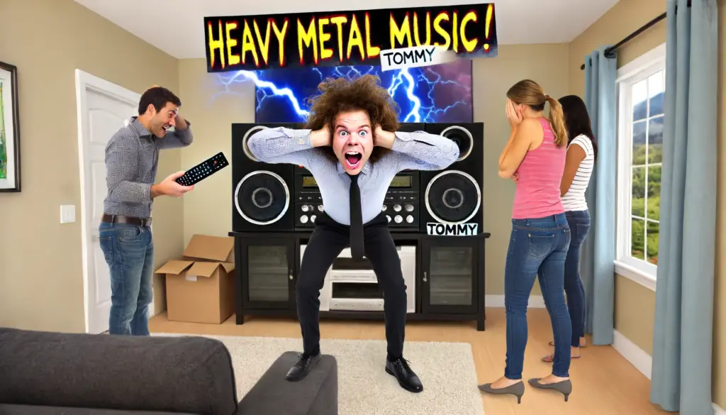sound system malfunctions during a home showing, blasting heavy metal music instead of classical